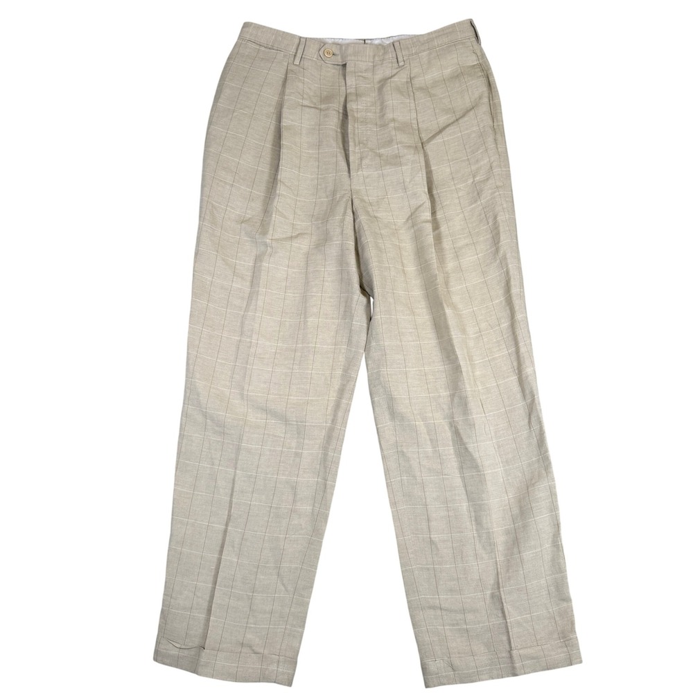 Bullock and Jones Tan Windowpane Pleated Linen Blend Trousers Straight Leg 34x29